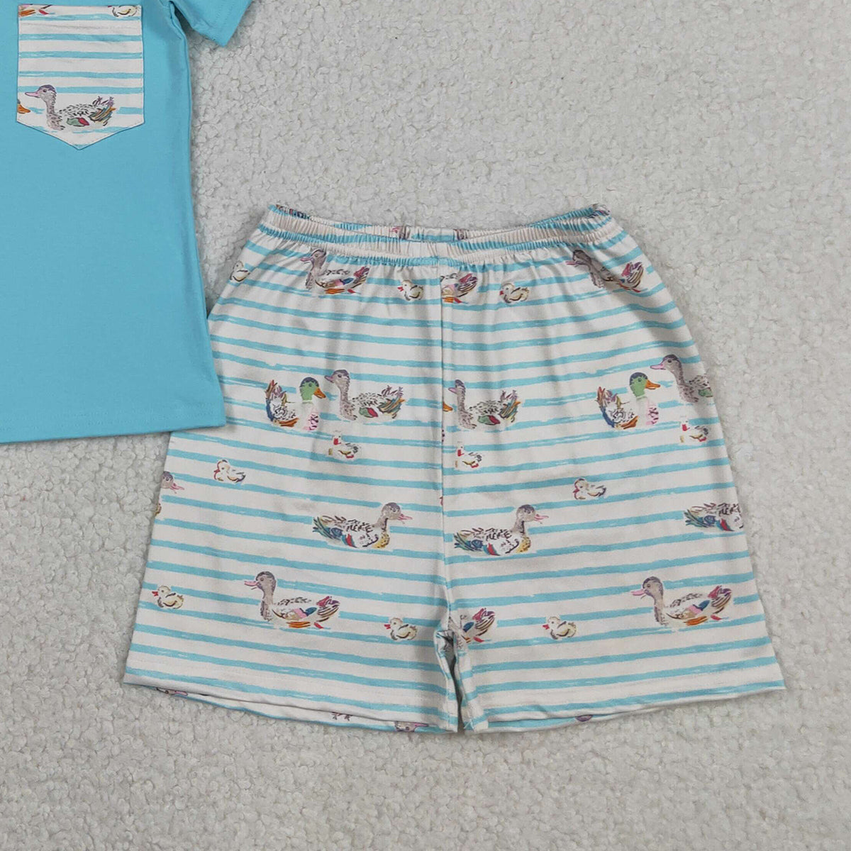 RTS NO MOQ BSSO1802 Baby Boys Blue Hunting Clothes Set with Button Pockets Top And Ducks Stripe Shorts