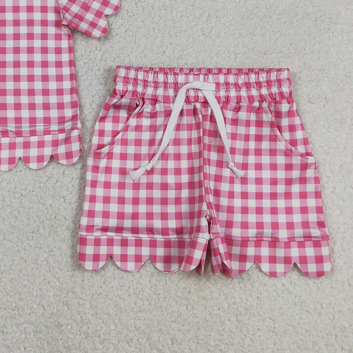 RTS NO MOQ GSSO3186 Baby Girls Pink Checked Top with Scallop Pockets Short Sleeve Outfit Set