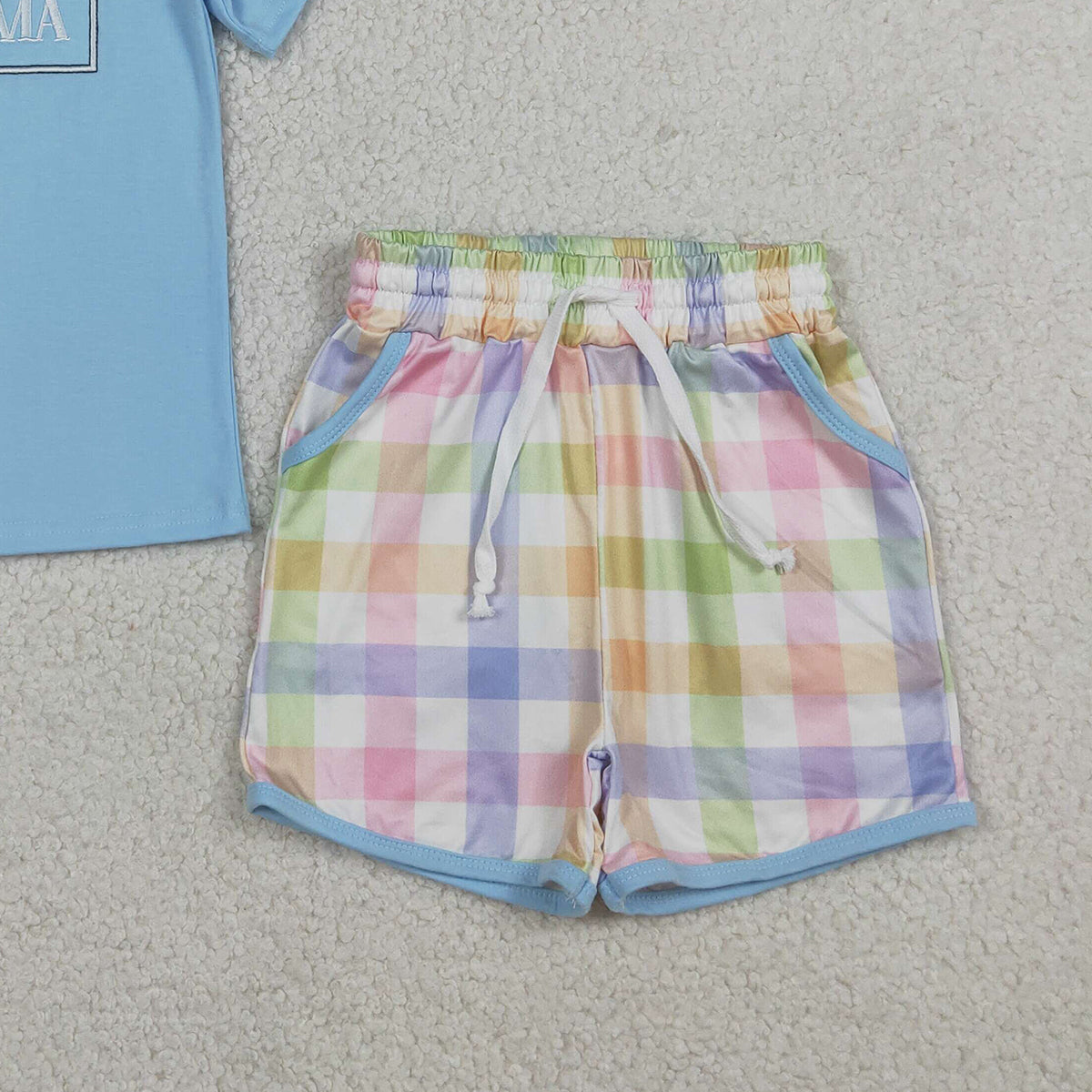 RTS NO MOQ BSSO1605 Embroidery I Love Mama Baby Boys Outfit Short Sleeve Checked Top with Pockets Matching Shorts Clothing
