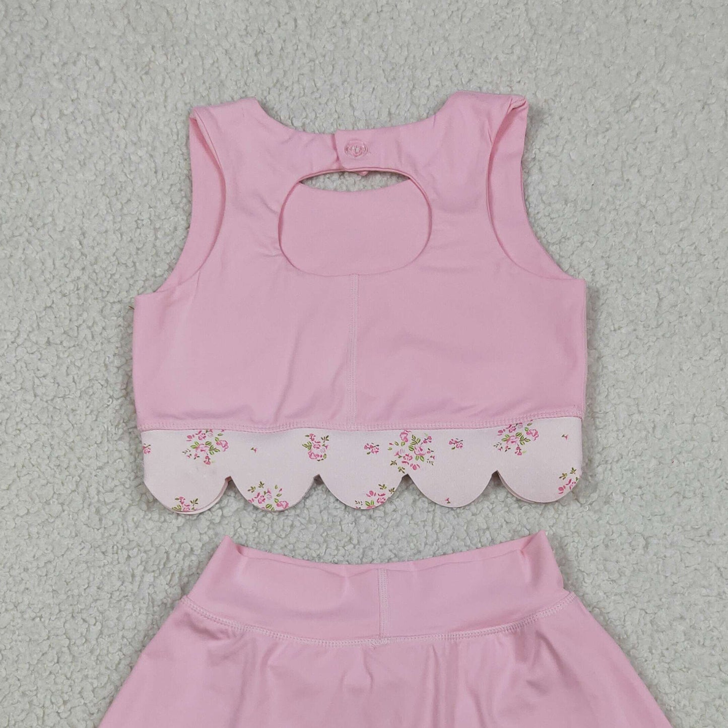 RTS NO MOQ yoga fabric GSD3321 Baby Girls Light Pink Floral Vest Bow Scallop Skort Active Set