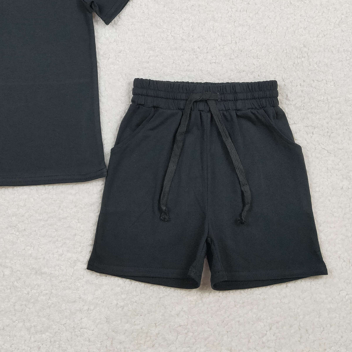 RTS NO MOQ BSSO1889 Baby Boys Black Short Sleeve Shirt with Pockets And Matching Shorts Outfit Set