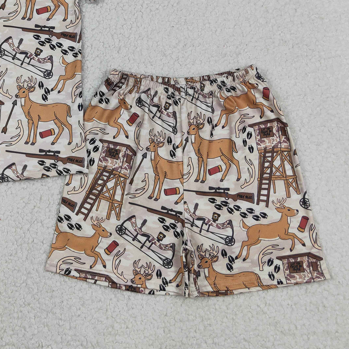 RTS NO MOQ BSSO1559 Baby Boys Khaki Deer Print Pajamas Set Short Sleeve Top And Shorts Hunting Sleepwear for Infants