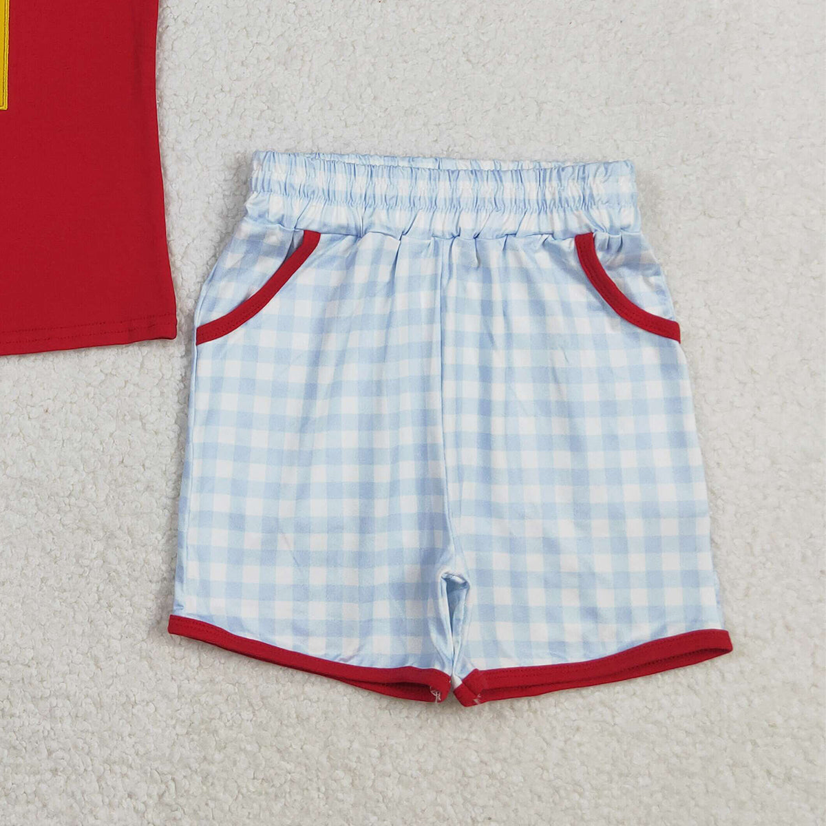 RTS NO MOQ BSSO1819  Baby Boys Red Embroidery Short-Sleeved Top Plaid Shorts Outfit for Back to School