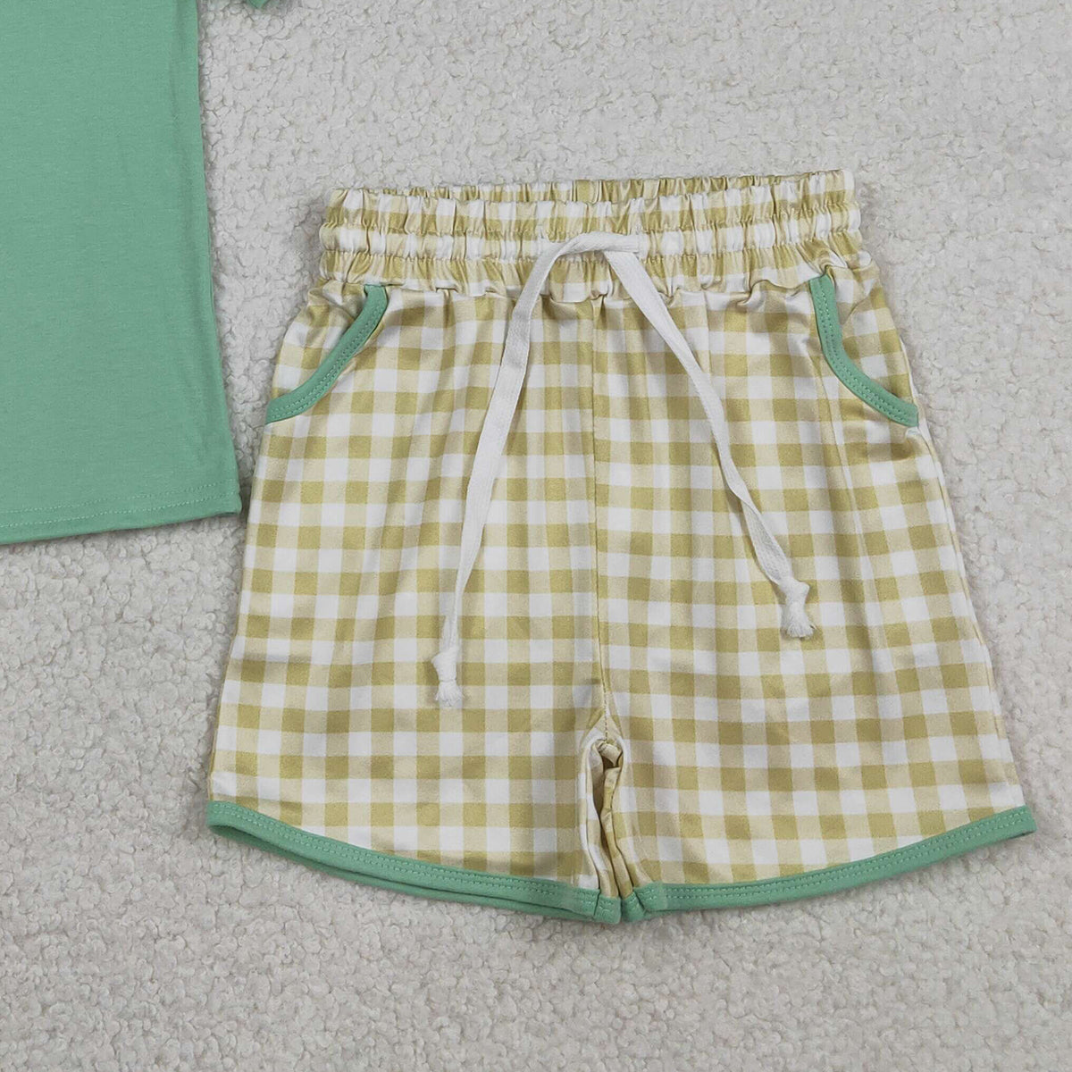 RTS NO MOQ BSSO1684 Baby Boys Embroidered Top with Checked Pockets Cute Clothes Set