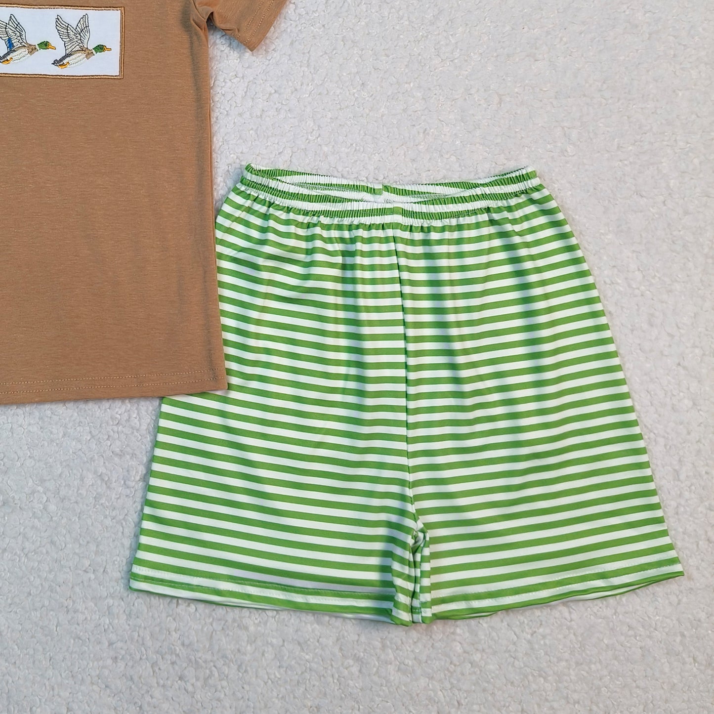 RTS NO MOQ BSSO1947 Baby Boys Hunting Clothes With Duck Embroidery Top And Striped Shorts