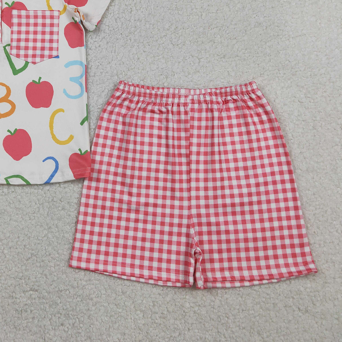 RTS NO MOQ Baby Boys Apples ABC Pocket Button Top Checked Shorts Back to School Sets