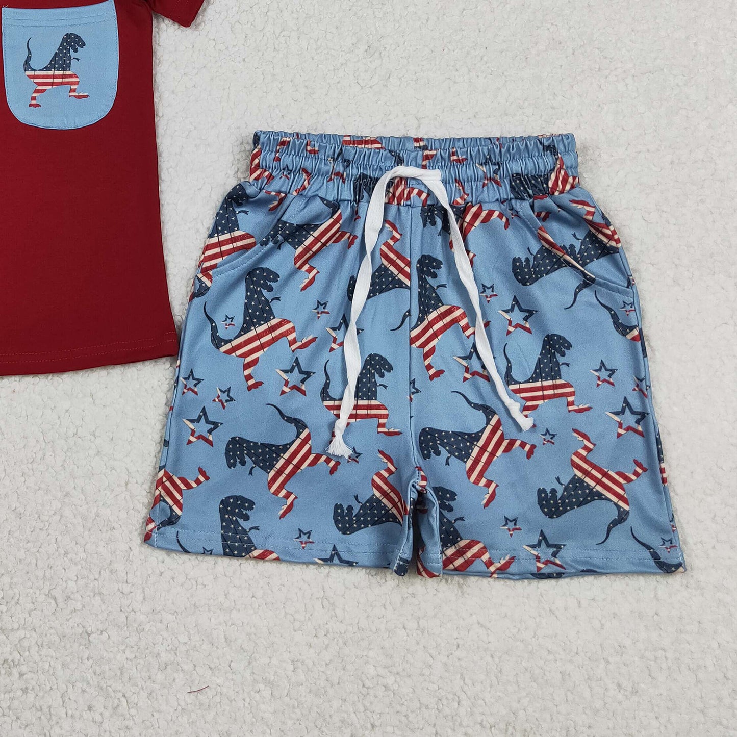 RTS NO MOQ BSSO0519 milk silk Baby Boys Dinosaurs Flags Pocket Shirts Shorts 4th of July Sets