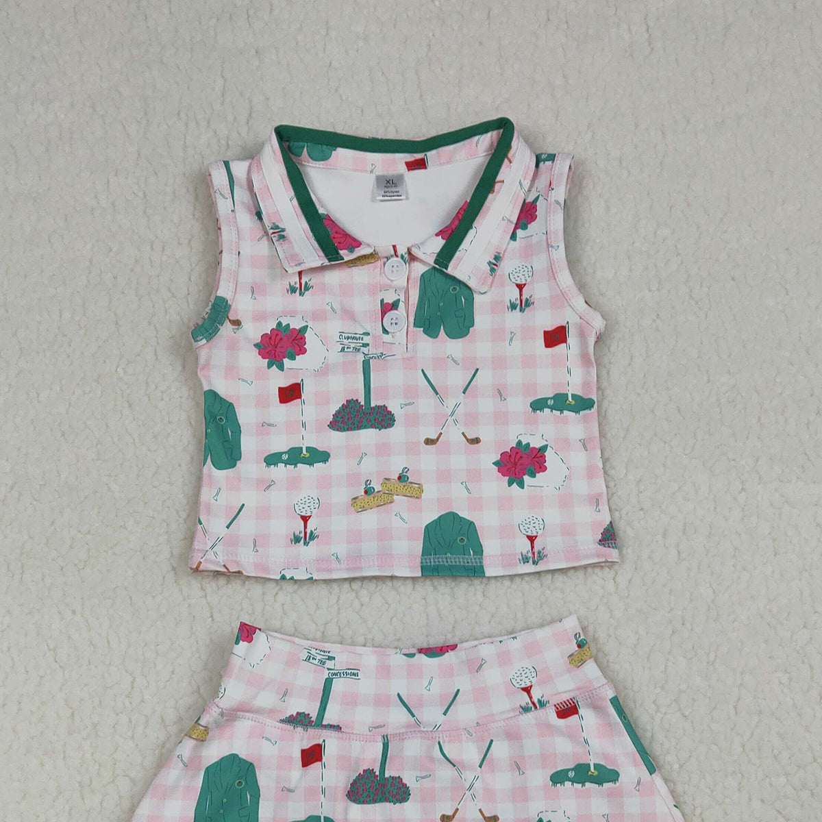 RTS NO MOQ GSD3520 Baby Girls Pink Checked Golf Active Outfit with Button Top And Skirt Short Set