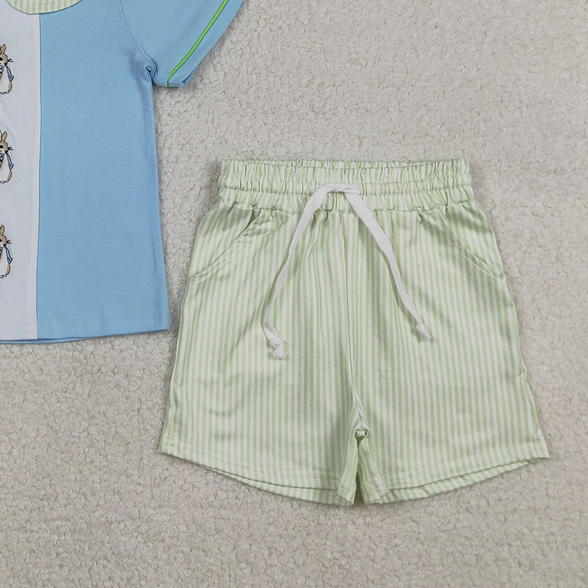 RTS NO MOQ BSSO1564 Embroidered Rabbit Baby Boys Outfit with Collar Top And Shorts Easter Clothing Set