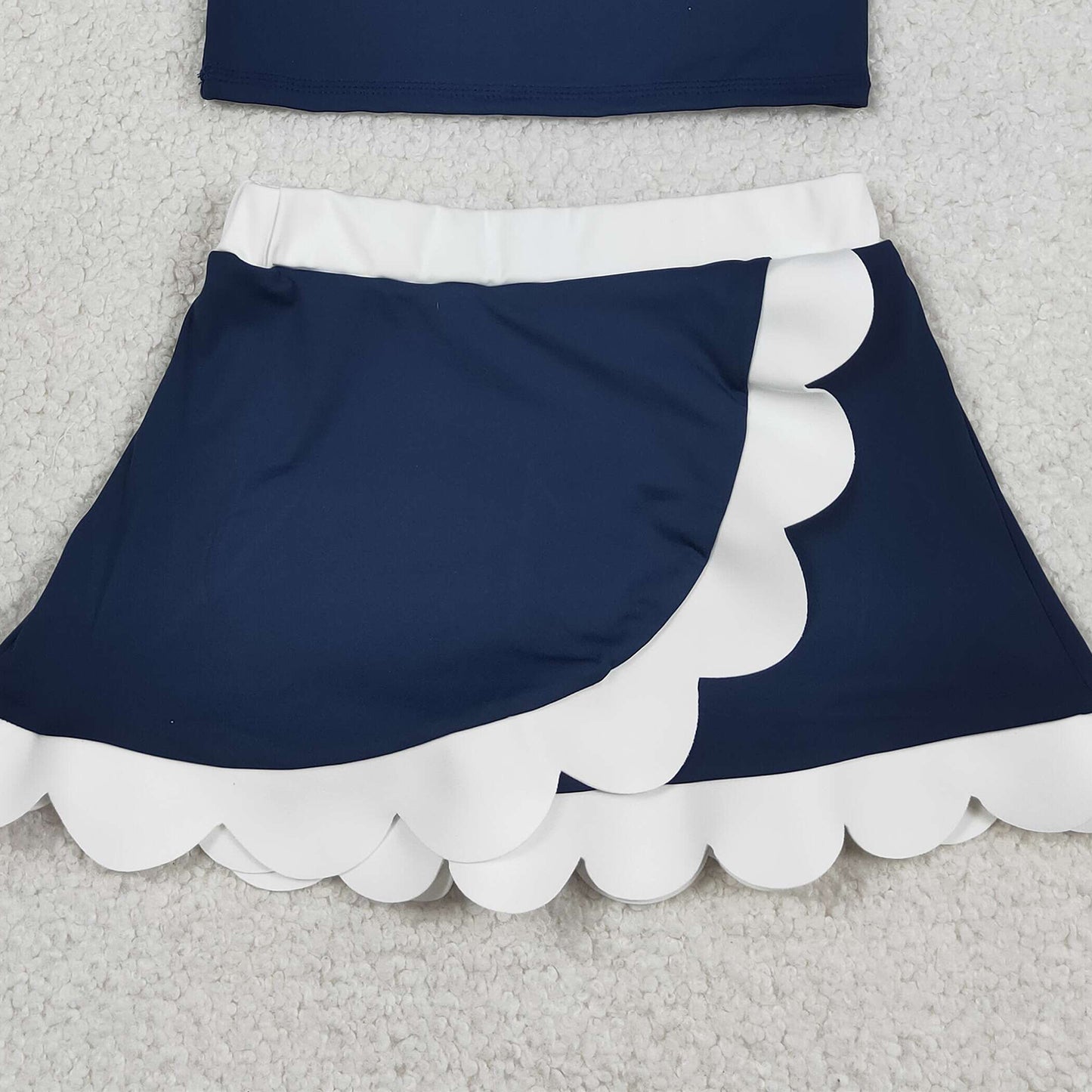 RTS NO MOQ yoga fabric cotton GSD4024 Baby Girls Sleeveless Navy White Scallop Skirt Yoga Active Outfit Set