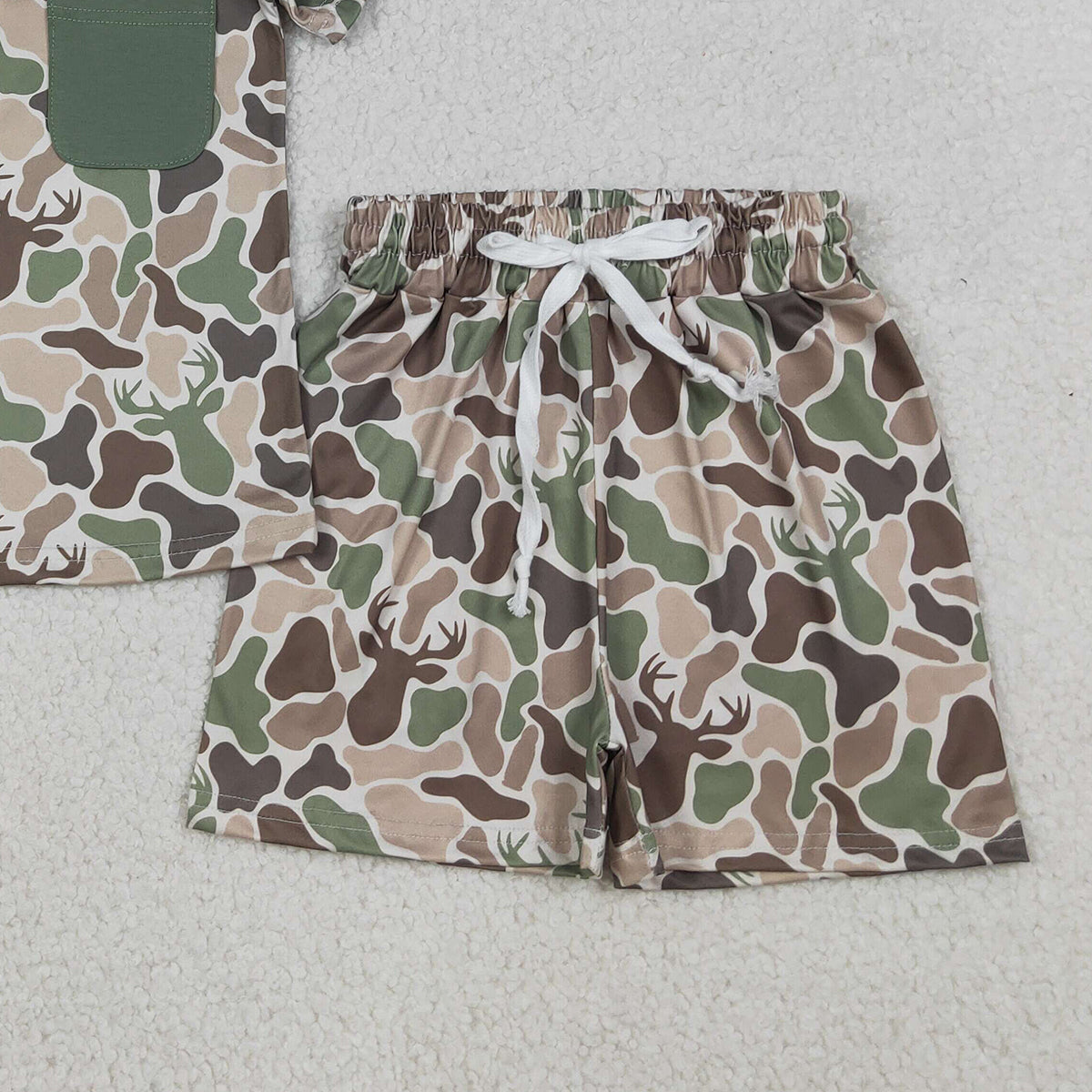 RTS NO MOQ BSSO1792 Baby Boys Green Deer Camouflage Top And Shorts Set with Pocket