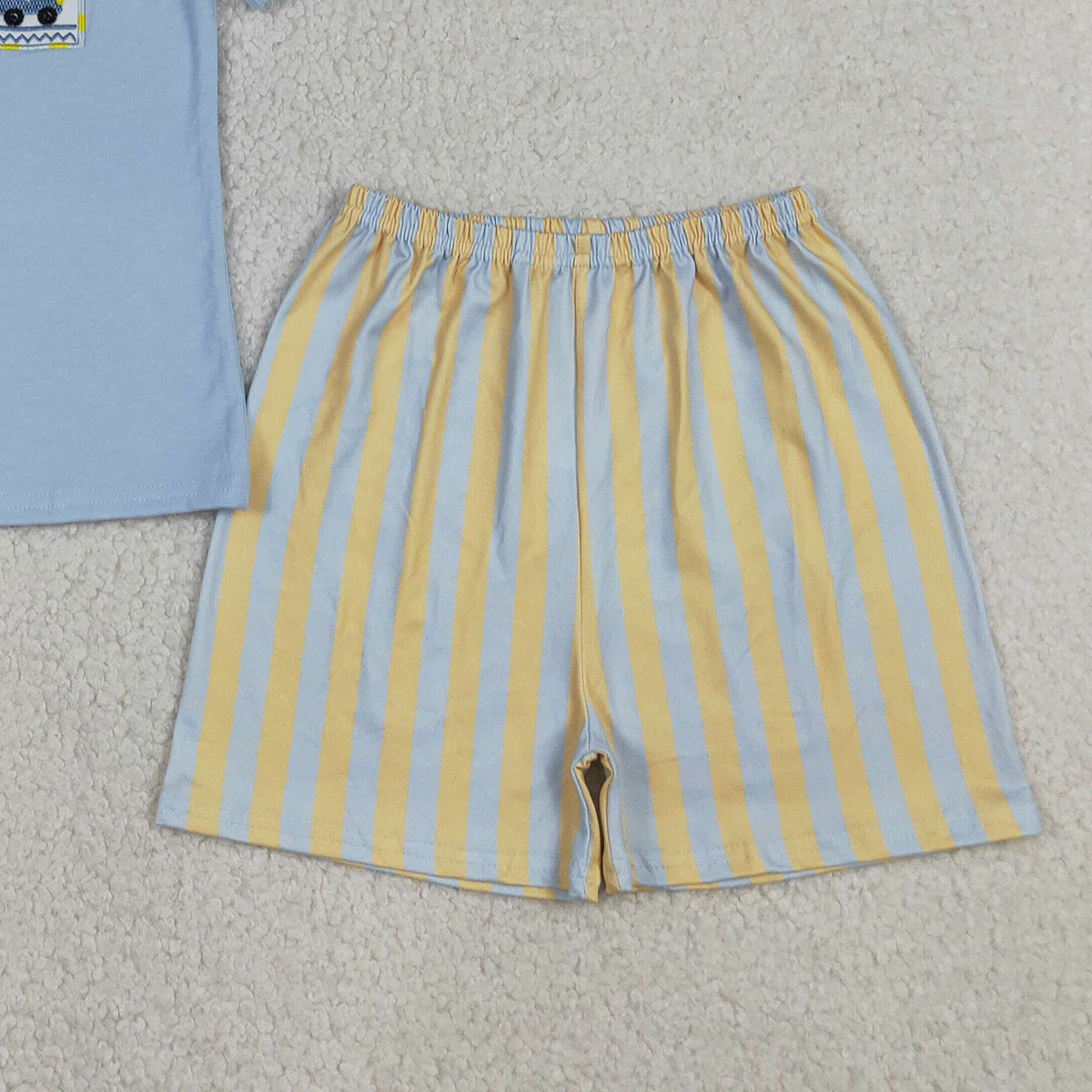 RTS NO MOQ BSSO0617 Baby Boys Blue Embroidery Cars Shirt Top with Stripe Shorts Clothing Set