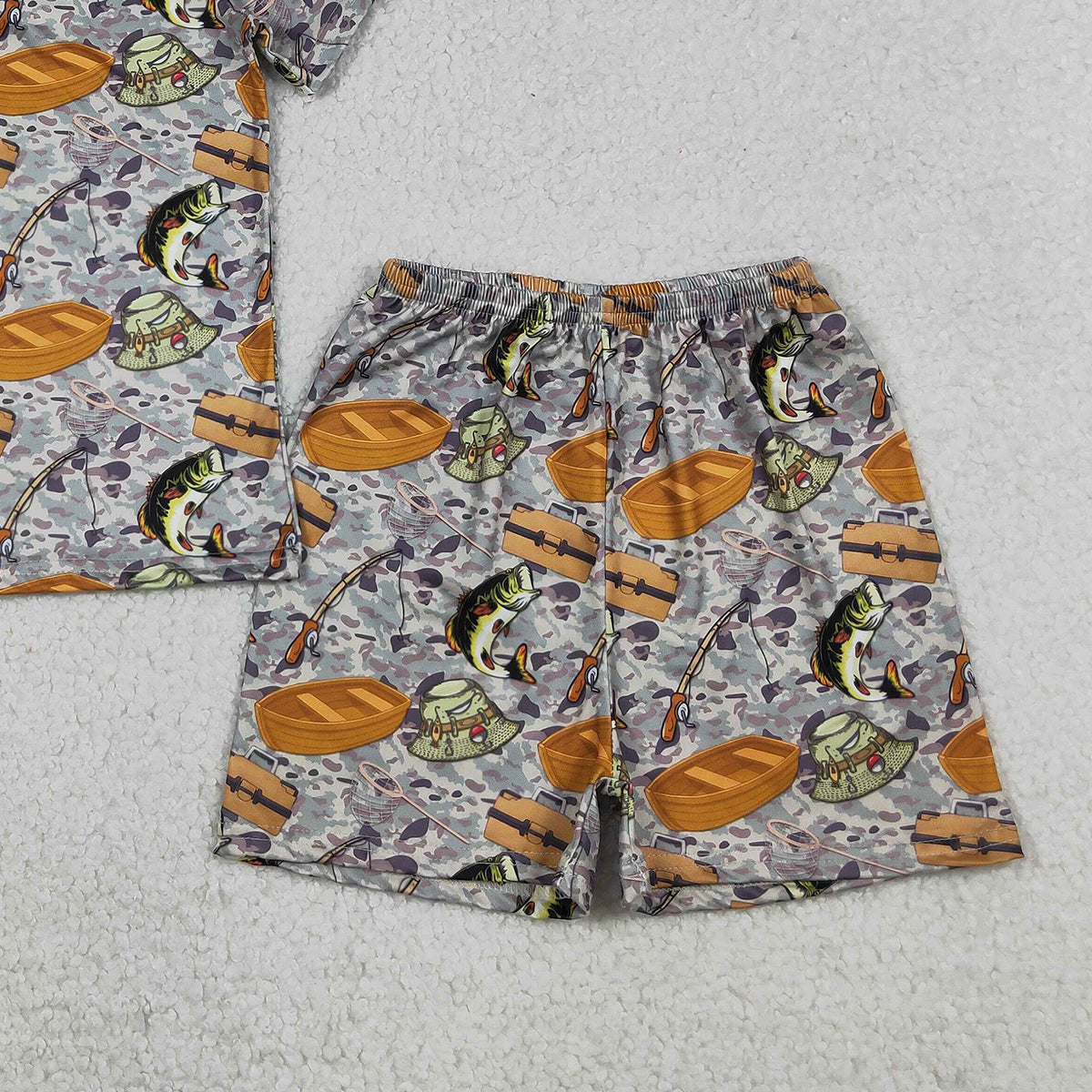 RTS NO MOQ BSSO1920 Baby Boys Camo 2-Piece Pajamas Set with Fishing Top And Shorts for Hunting Clothing Set