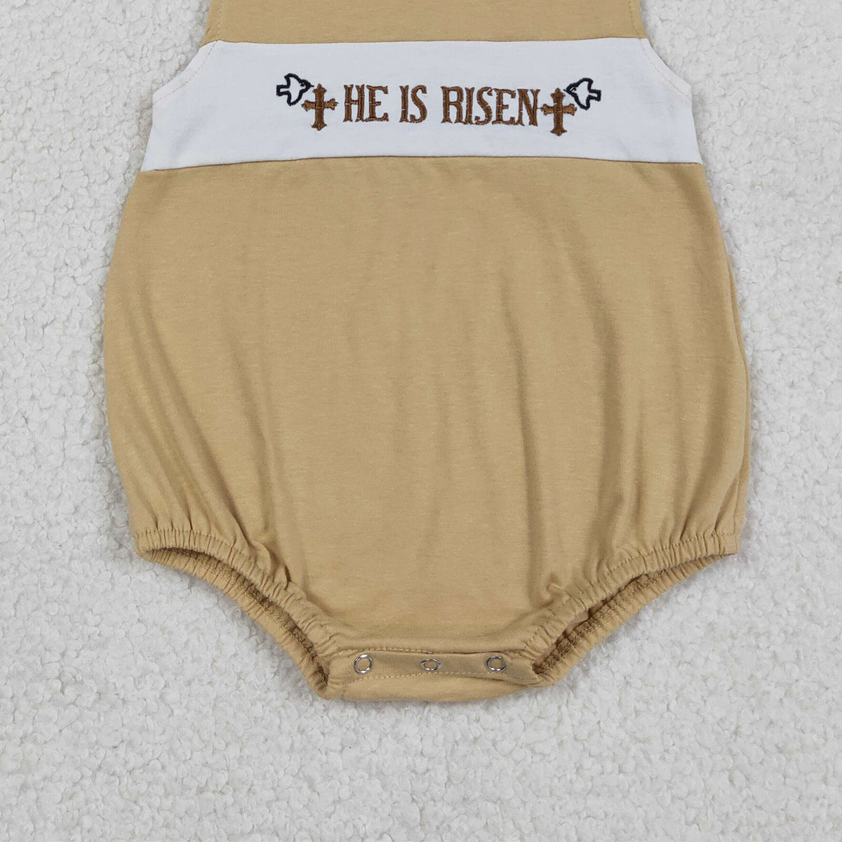 RTS NO MOQ SR3547 Embroidery 'He Is Risen' Crosses Baby Boys Sleeveless Rompers