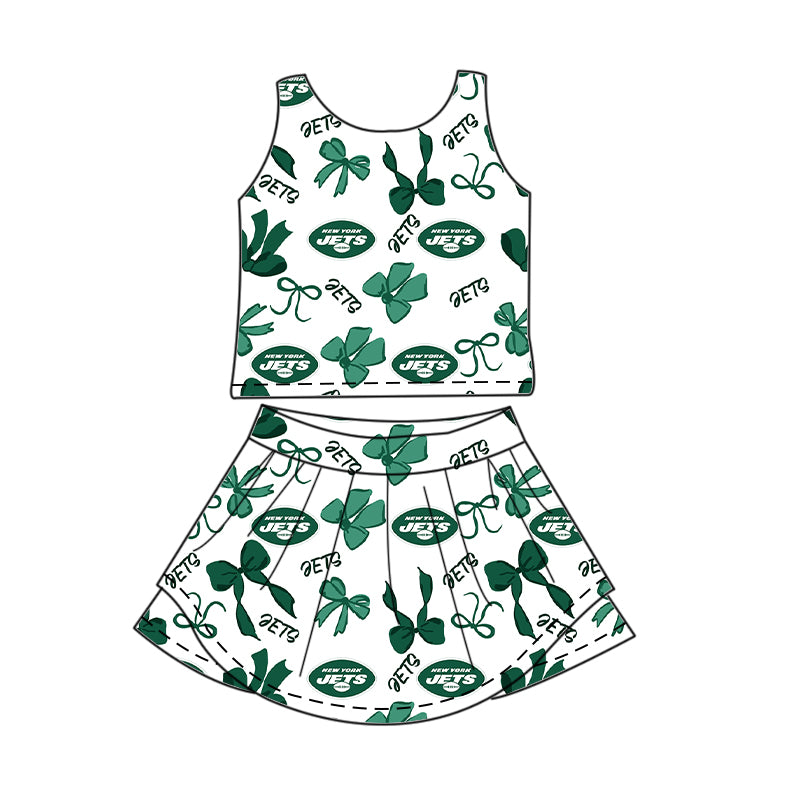 Custom moq 5 mix size milk silk summer teams Baby Girls Green Bow Vest Top Skirt Shorts Sets Sleeveless Knee Length Dresses Yoga Shorts Active Outfit