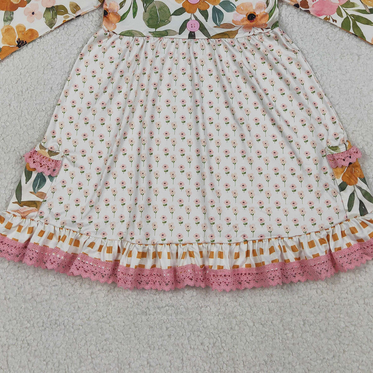 RTS NO MOQ GLD1588 Baby Girls Long Sleeve Ruffle Knee Length Dress with Button Pockets Floral Print Dress for Girls（6-12M-7-8T）