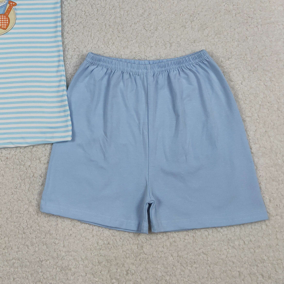 RTS NO MOQ BSSO1834 Embroidery Beach Baby Boys Blue Stripe Top And Shorts Outfit Set Baby Boy Clothing Set