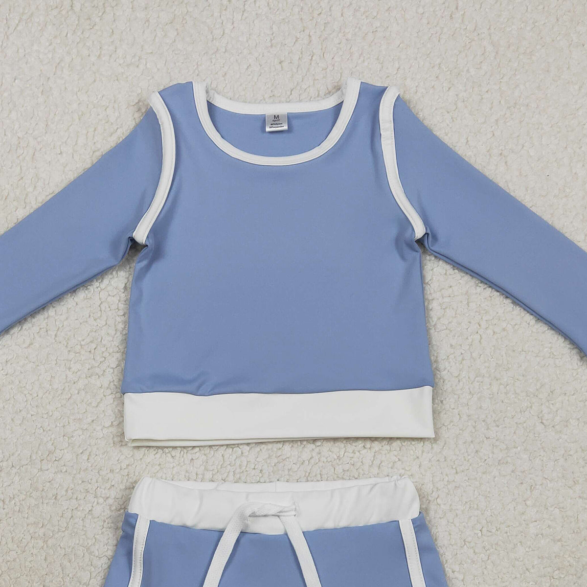 RTS NO MOQ GLD1483 Baby Girls Blue Long Sleeve Top with Skirt And Shorts Yoga Active Wear Clothing Set for Kids