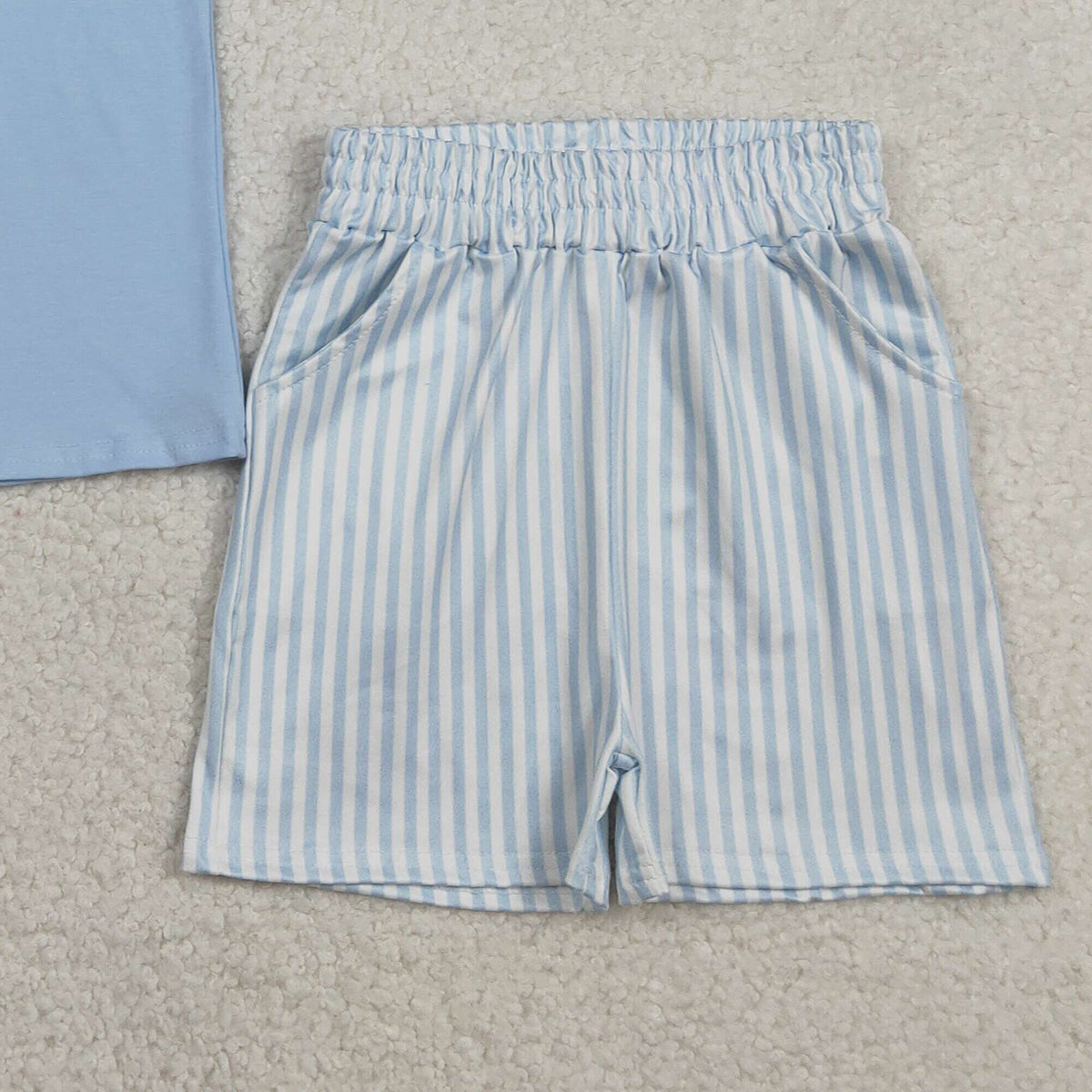 RTS NO MOQ BSSO1560 Baby Boys Easter Outfit Set with Embroidered Rabbits Top And Shorts Stripe Design with Pockets
