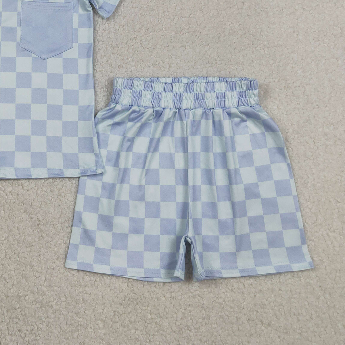 RTS NO MOQ BSSO1753 Baby Boys Blue Checked Pajamas Set with Pocket Long Sleeve Top And Shorts