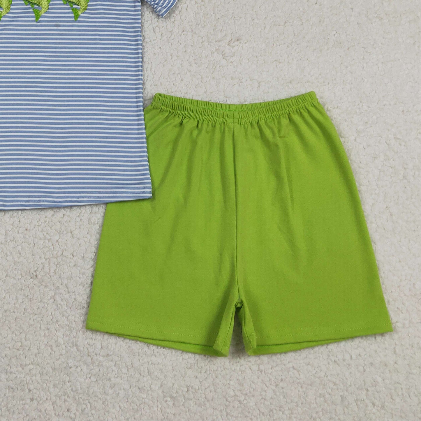 RTS NO MOQ milk silk BSSO2001 Embroidery Fishes Baby Boys Short Sleeve Stripe Top Short Hunting Clothes Sets