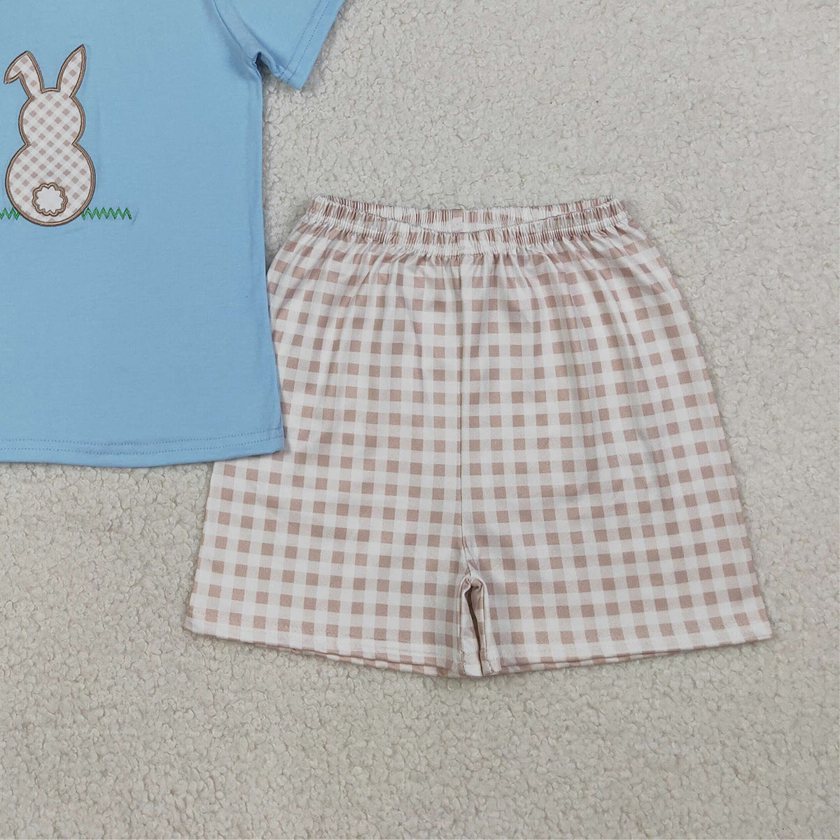 RTS NO MOQ BSSO0305 Embroidered Rabbit Baby Boys Shirt And Checked Shorts Set Easter Outfit