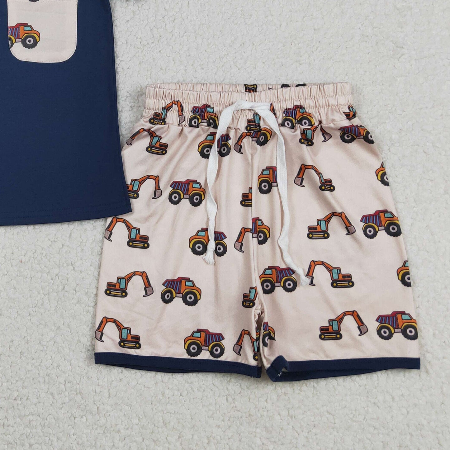 RTS NO MOQ BSSO1364 Baby Boys Summer Navy Pocket Top Excavator Print Shorts