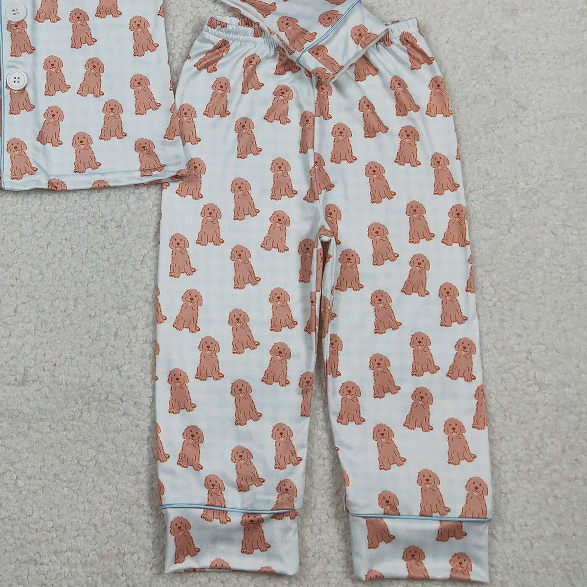 RTS NO MOQ BLP1408 Baby Boys Blue Checked Dogs Pajamas Set with Button Pocket Top And Pants Comfortable Sleepwear for Infants