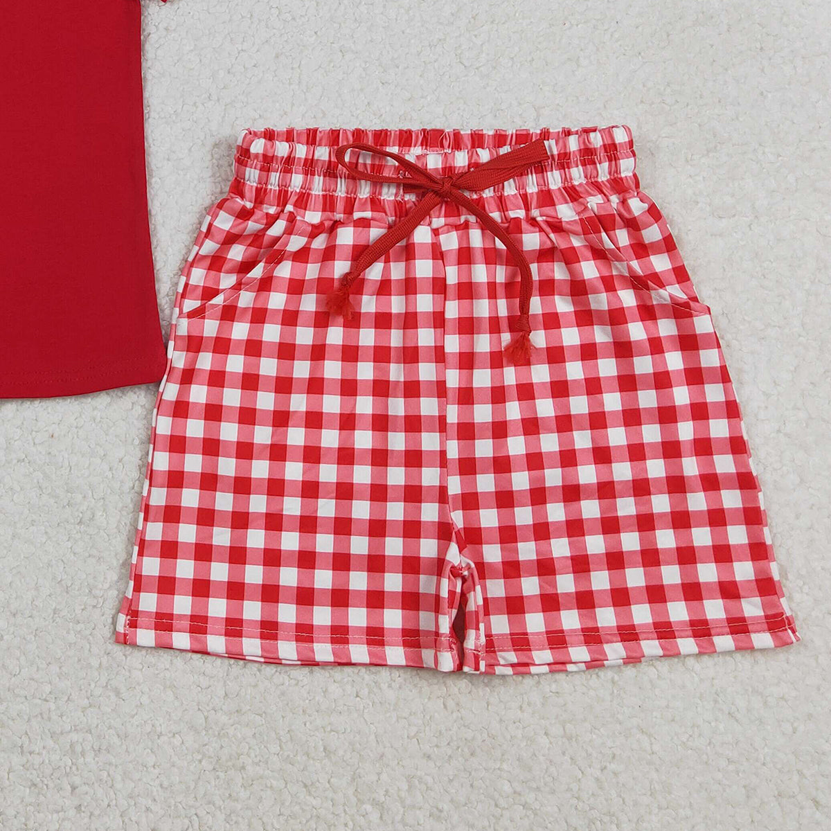 RTS NO MOQ BSSO1884 Baby Boys Red Plaid Shirt And Shorts Outfit Set with Pockets Baby Boy's Clothing Set