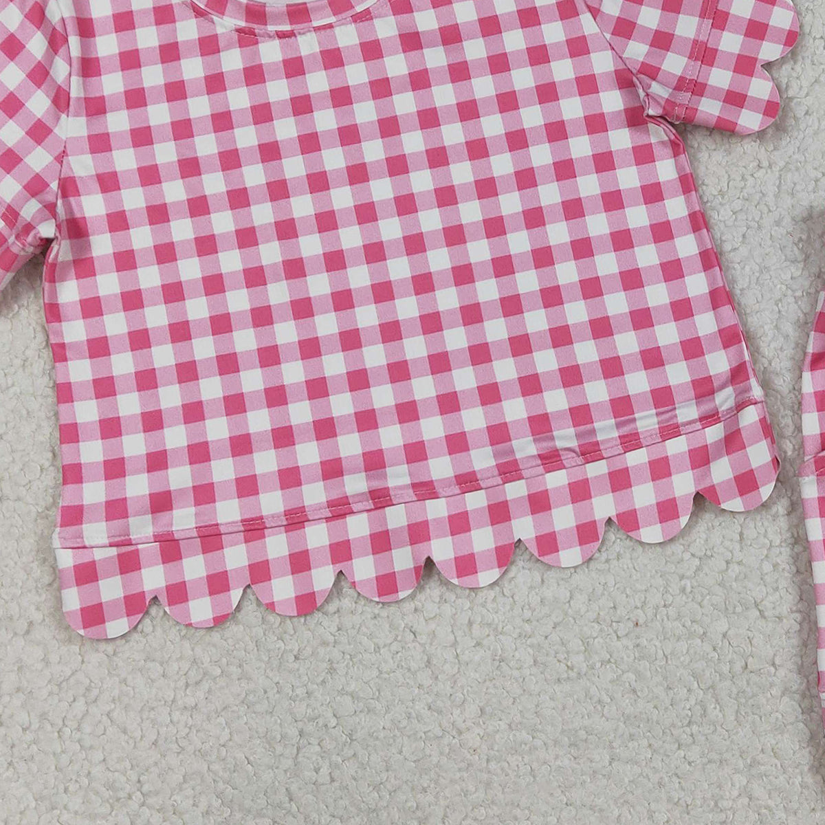 RTS NO MOQ GSSO3186 Baby Girls Pink Checked Top with Scallop Pockets Short Sleeve Outfit Set