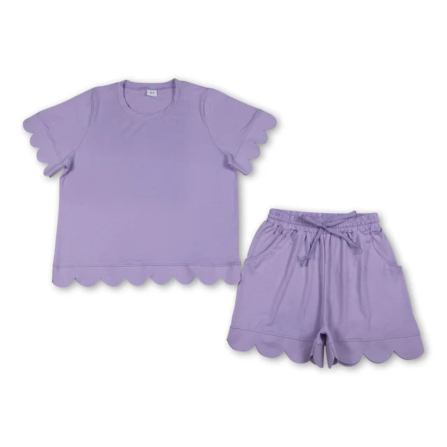 RTS NO MOQ Sibling Adult Women Shorts Sleeve Shirts Top Scallop Short Clothes Sets
