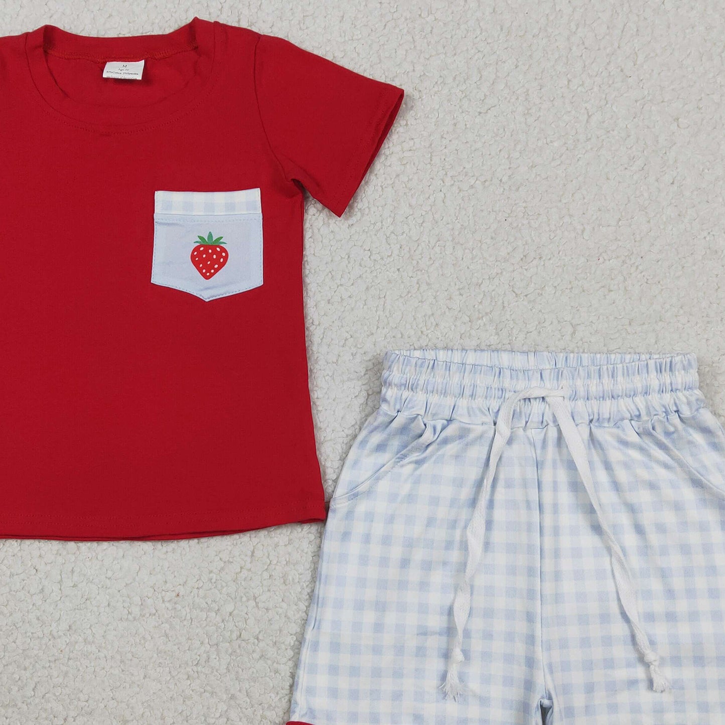 RTS NO MOQ BSSO1692 Toddler Boys Checked Pocket Shorts Strawberry Pattern Top Clothes Sets