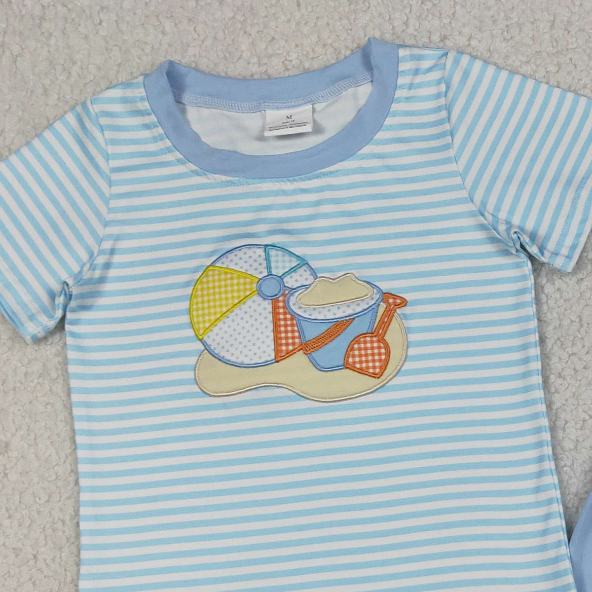 RTS NO MOQ BSSO1834 Embroidery Beach Baby Boys Blue Stripe Top And Shorts Outfit Set Baby Boy Clothing Set