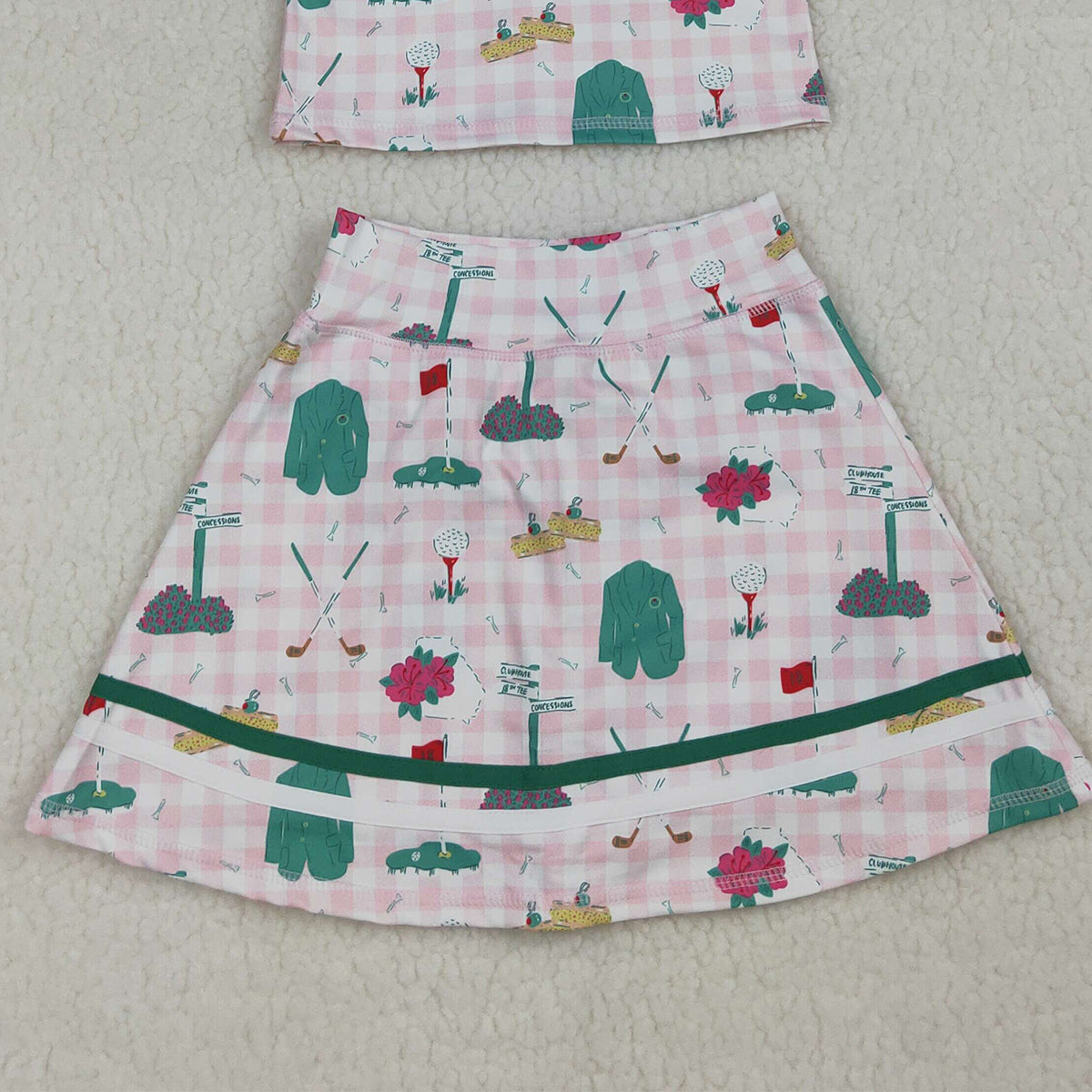 RTS NO MOQ GSD3520 Baby Girls Pink Checked Golf Active Outfit with Button Top And Skirt Short Set