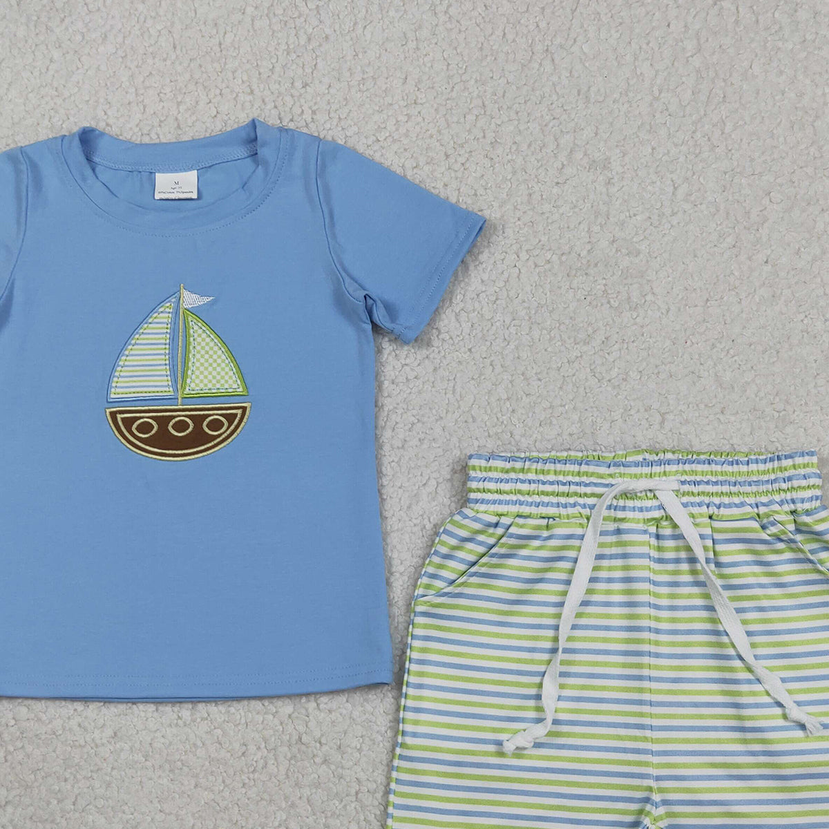 RTS NO MOQ BSSO1860 Baby Boys Cute Blue Shirt with Embroidery Boats Stripe Pocket Shorts Outfit Set