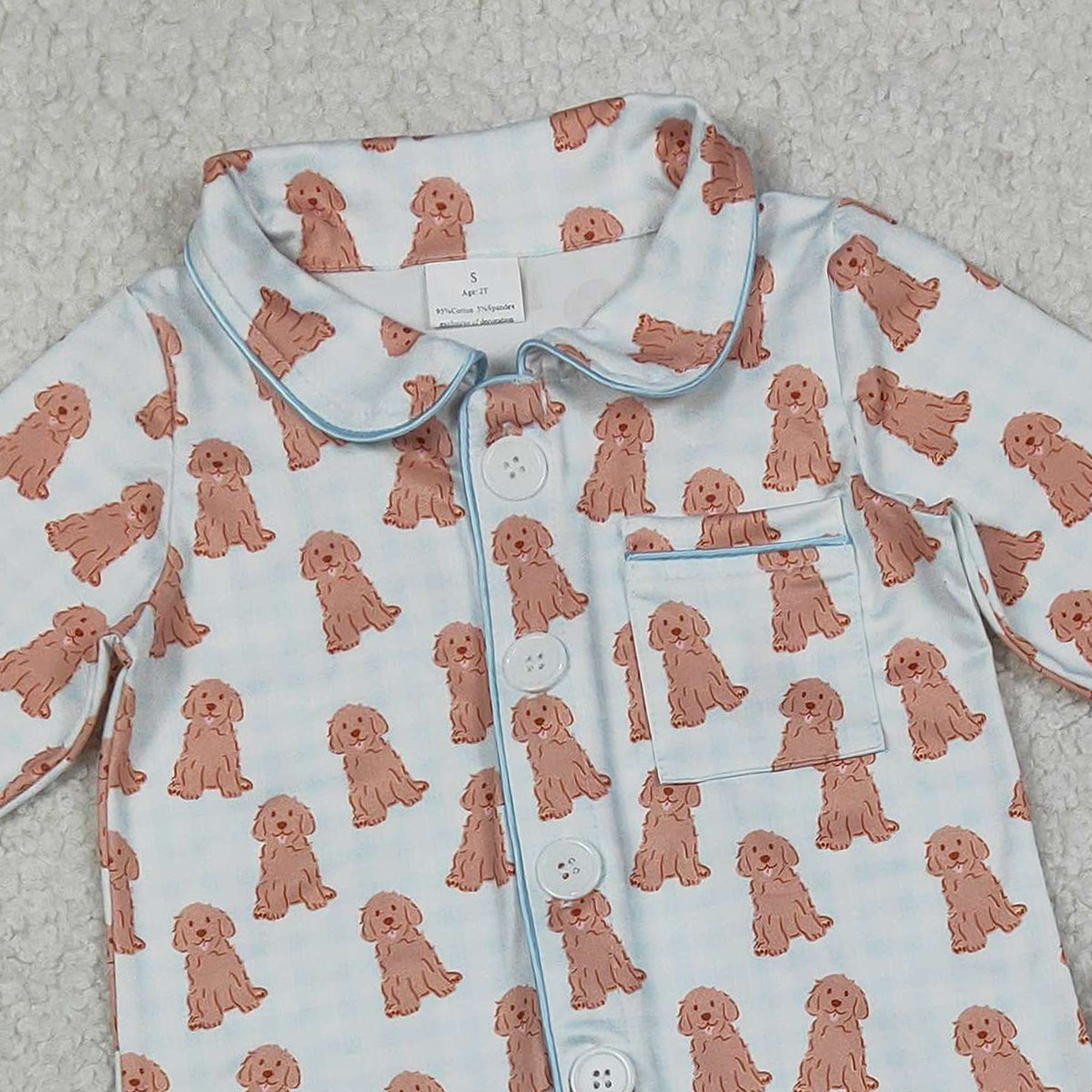 RTS NO MOQ BLP1408 Baby Boys Blue Checked Dogs Pajamas Set with Button Pocket Top And Pants Comfortable Sleepwear for Infants