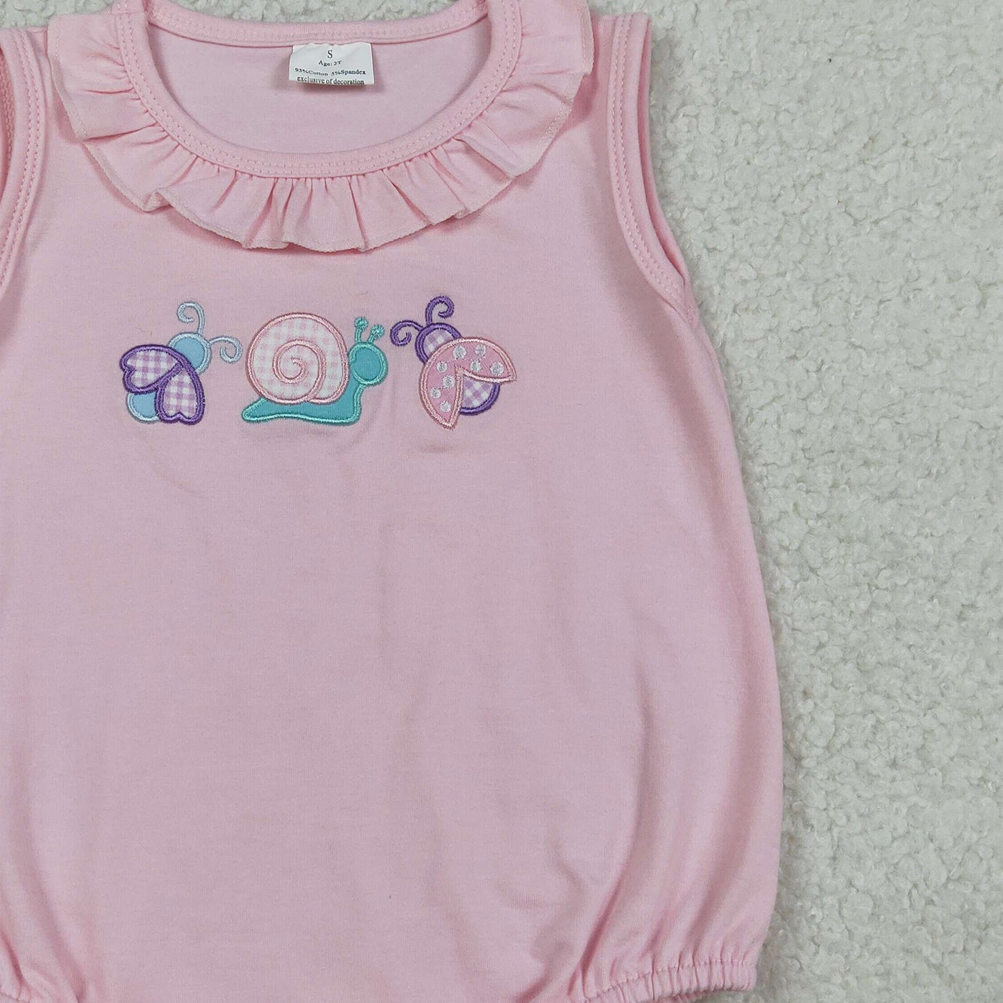 RTS NO MOQ SR4037 Baby Girls Sleeveless Ladybirds Snails Embroidery  Ruffle Rompers
