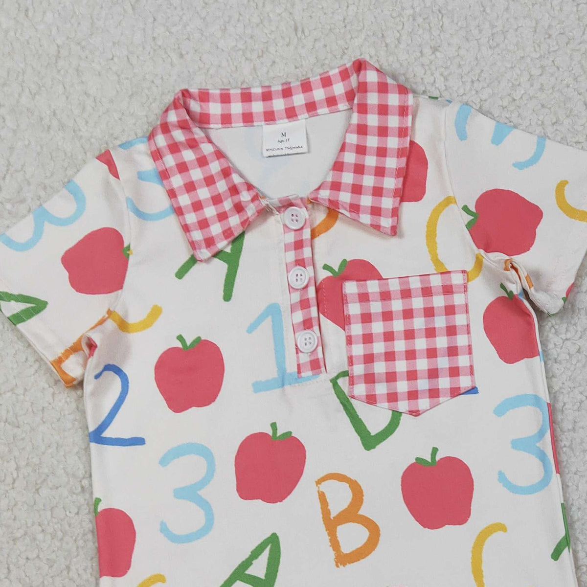 RTS NO MOQ Baby Boys Apples ABC Pocket Button Top Checked Shorts Back to School Sets