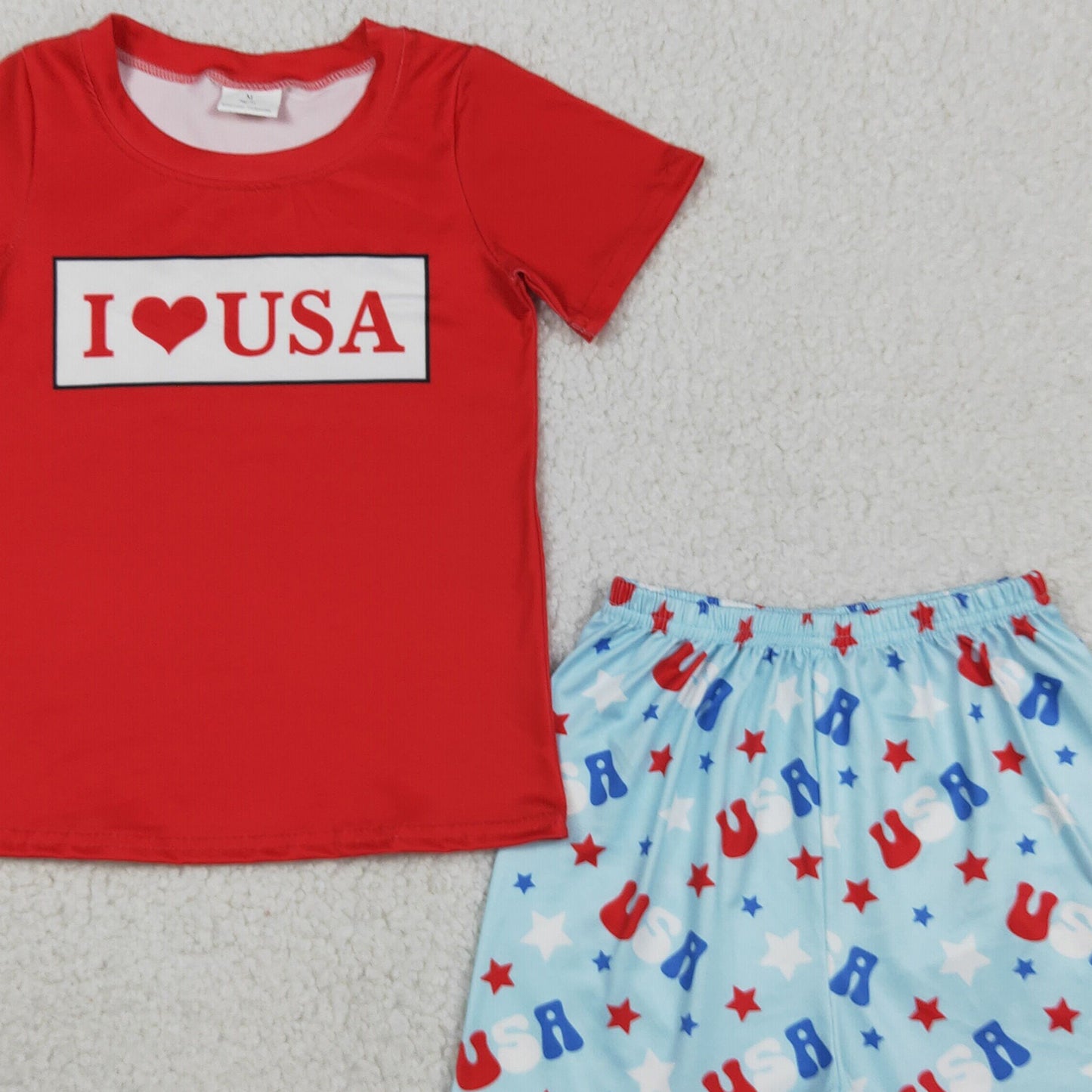 RTS NO MOQ milk silk BSSO2011 Baby Boys  4th of July I Love USA Stars Print Shirt And Shorts Set