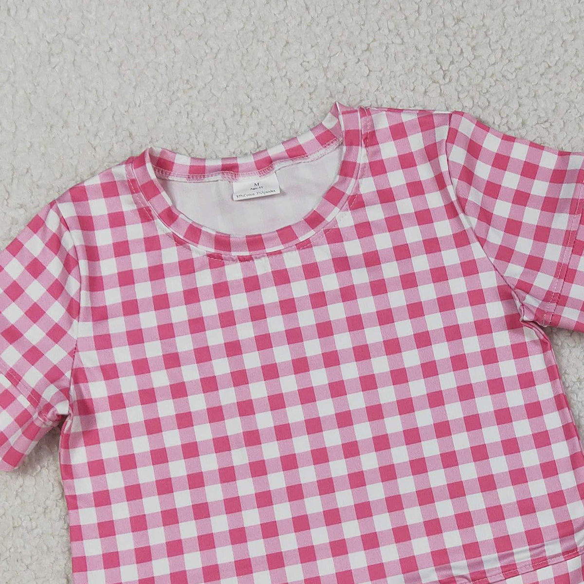 RTS NO MOQ GSSO3186 Baby Girls Pink Checked Top with Scallop Pockets Short Sleeve Outfit Set