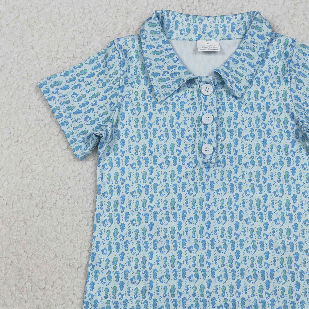 RTS NO MOQ BT1113 Baby Boys Blue Short Sleeve Polo Shirts Seahorses Button Tops Kids Fashion Clothing