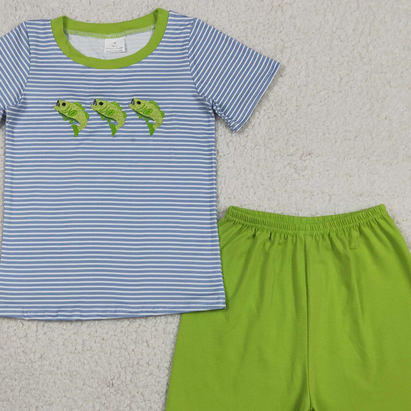 RTS NO MOQ milk silk BSSO2001 Embroidery Fishes Baby Boys Short Sleeve Stripe Top Short Hunting Clothes Sets