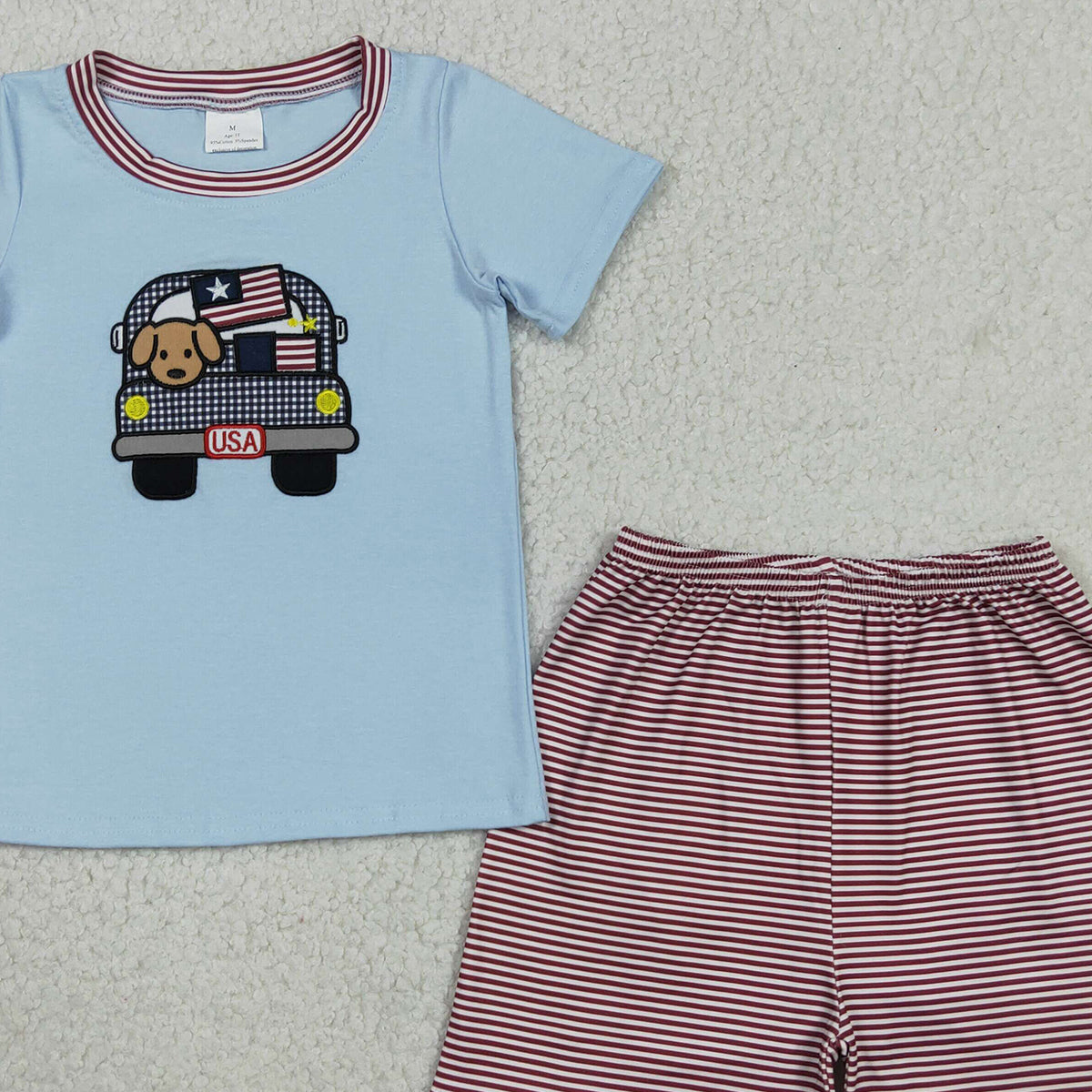 RTS NO MOQ BSSO1918 Baby Boys 4th of July Outfit Set with Embroidery Dog Flag Trucks Top And Stripe Shorts for Toddlers