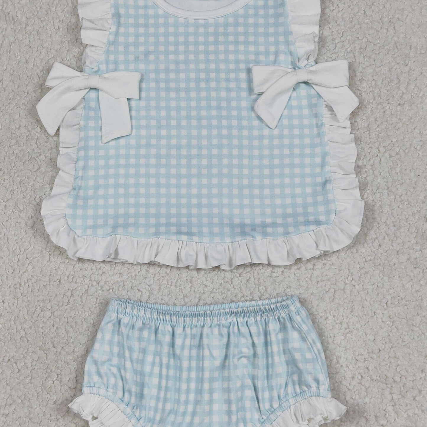 RTS NO MOQ milk silk GBO0529 Baby Girls Cute Light Blue Checked Bow Tunic Bummies Set