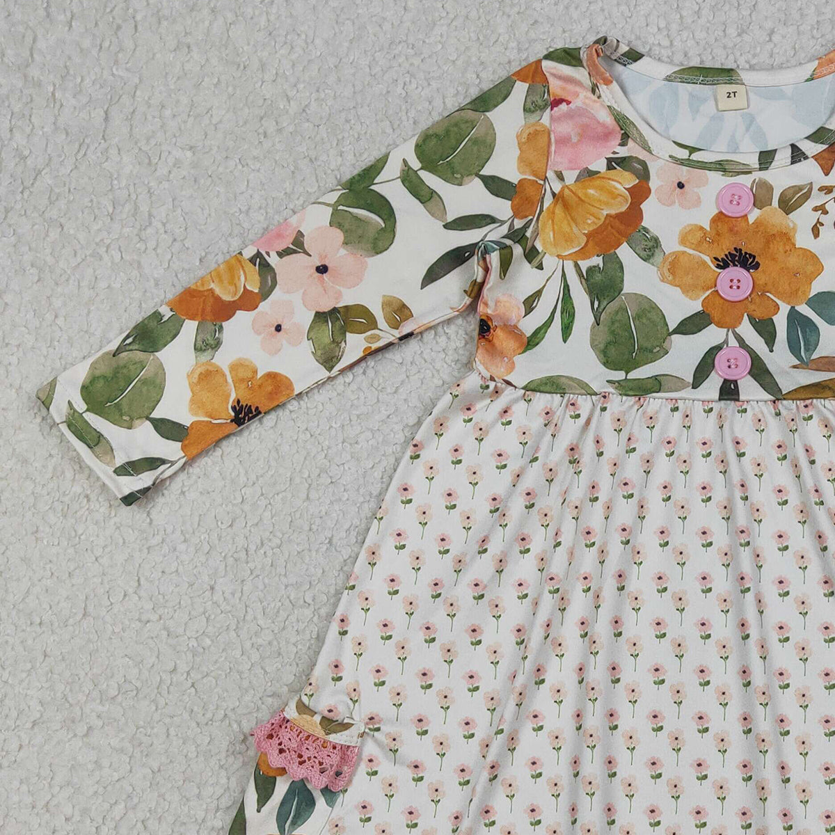RTS NO MOQ GLD1588 Baby Girls Long Sleeve Ruffle Knee Length Dress with Button Pockets Floral Print Dress for Girls（6-12M-7-8T）