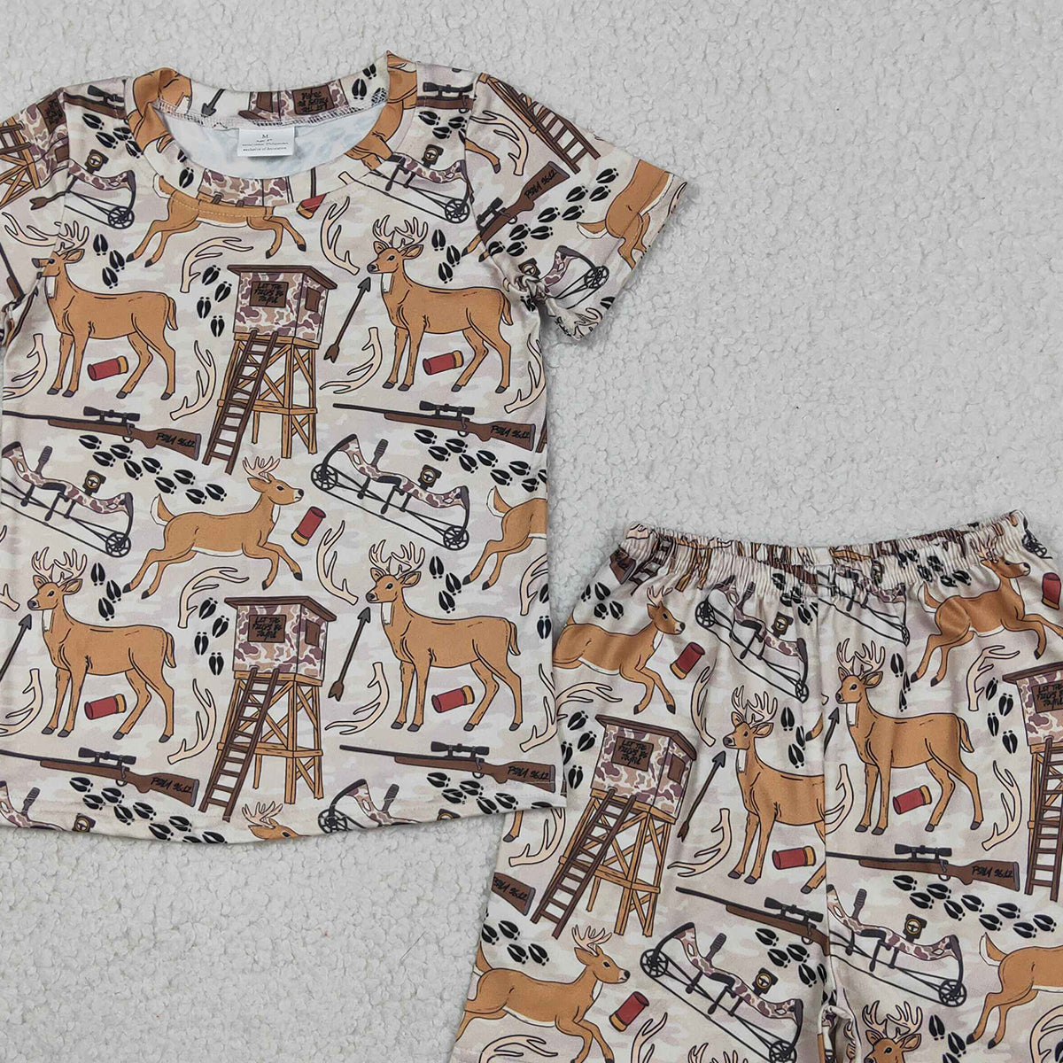RTS NO MOQ BSSO1559 Baby Boys Khaki Deer Print Pajamas Set Short Sleeve Top And Shorts Hunting Sleepwear for Infants