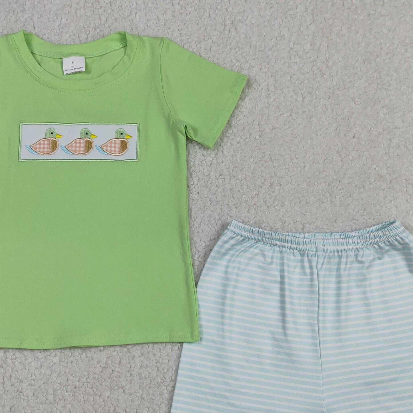 RTS NO MOQ milk silk BSSO1946 Baby Boys Hunting Duck Embroidery Striped Shirt And Shorts Set