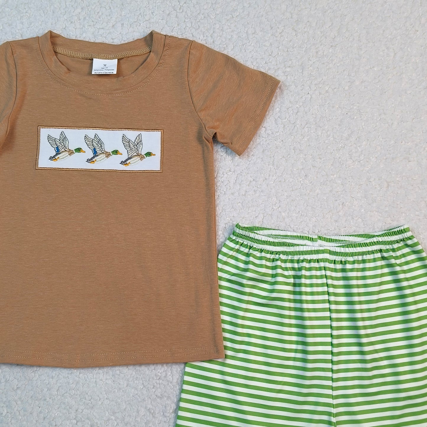 RTS NO MOQ BSSO1947 Baby Boys Hunting Clothes With Duck Embroidery Top And Striped Shorts