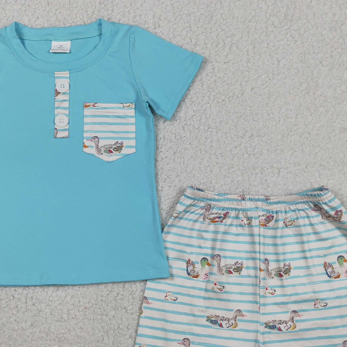 RTS NO MOQ BSSO1802 Baby Boys Blue Hunting Clothes Set with Button Pockets Top And Ducks Stripe Shorts