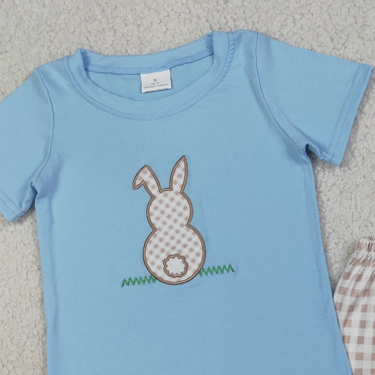 RTS NO MOQ BSSO0305 Embroidered Rabbit Baby Boys Shirt And Checked Shorts Set Easter Outfit